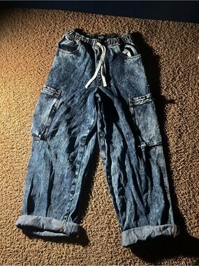 Boohoo Men's Distressed Blue Cargo Jeans with Drawstring